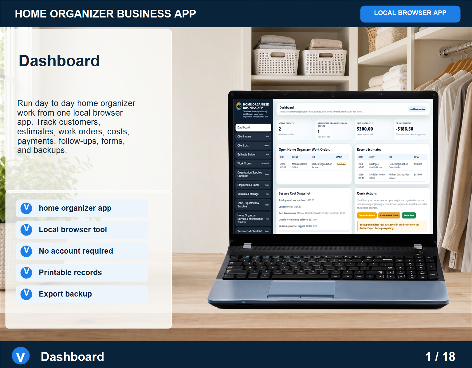 Home Organizer business app Home Organizer screen for service workflow management